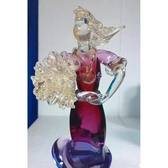 Vintage XL Murano Glass Woman Flower Bouquet Figurine Green Purple Pink 24k Gold - Picture 4 of 14